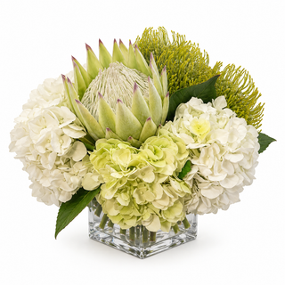 Hydrangea, Protea and Roses Arrangment in Glass Vase