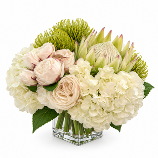 Hydrangea, Protea and Roses Arrangment in Glass Vase