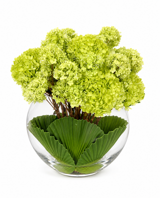 Green Hydrangea and Snowball in Large Oval Glass Vase
