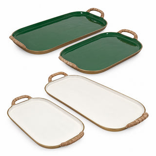 Enamel Metal Tray with Rattan Wrapped Handle