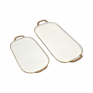 Enamel Metal Tray with Rattan Wrapped Handle