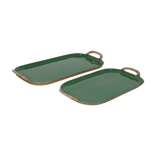 Enamel Metal Tray with Rattan Wrapped Handle