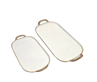 White Enamel Metal Tray With Rattan Wrapped Handles