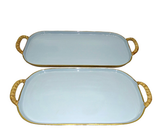 White Enamel Metal Tray With Rattan Wrapped Handles